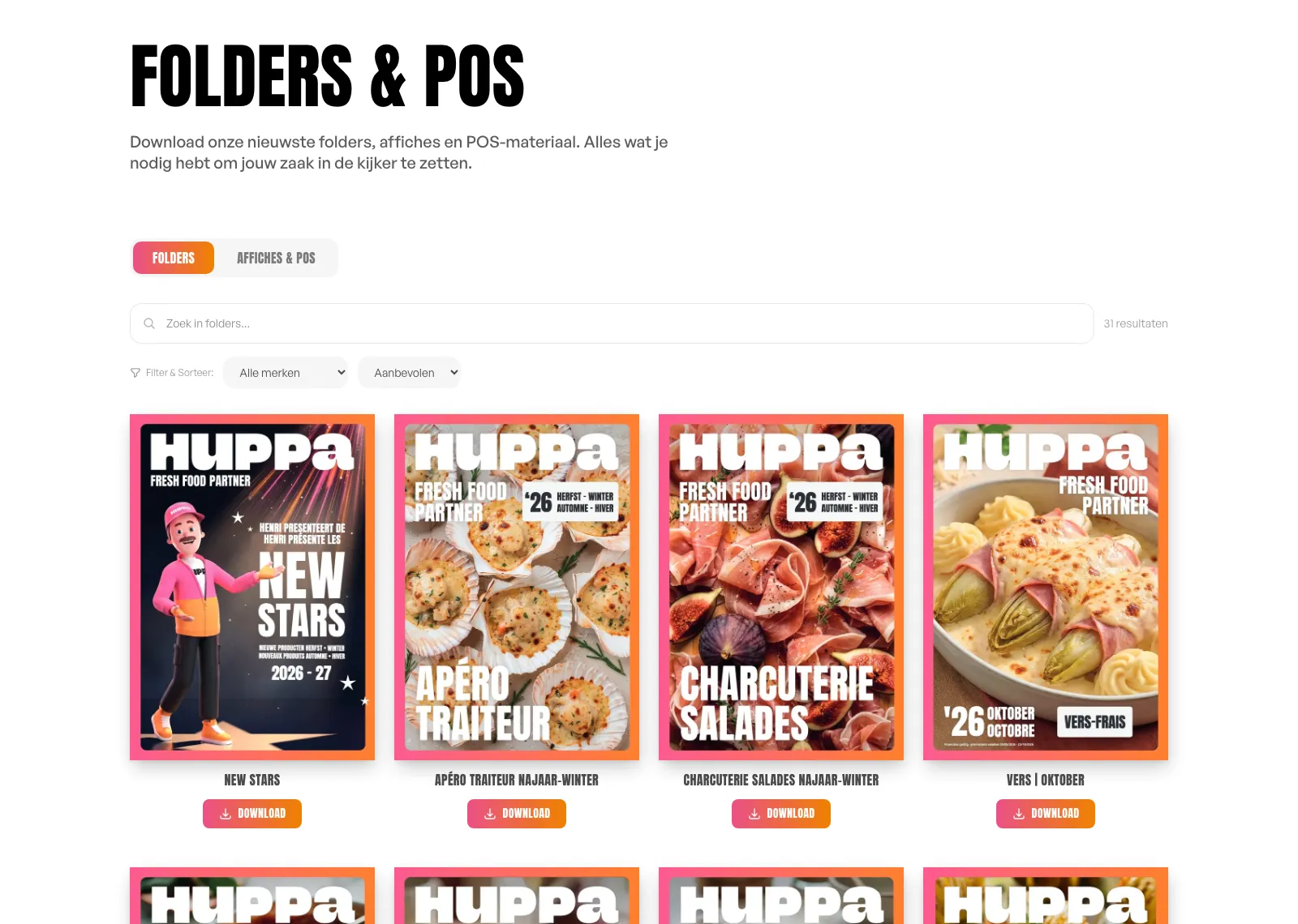 Overzicht van bladerbare folders in het Huppa-platform met zoekveld en filters